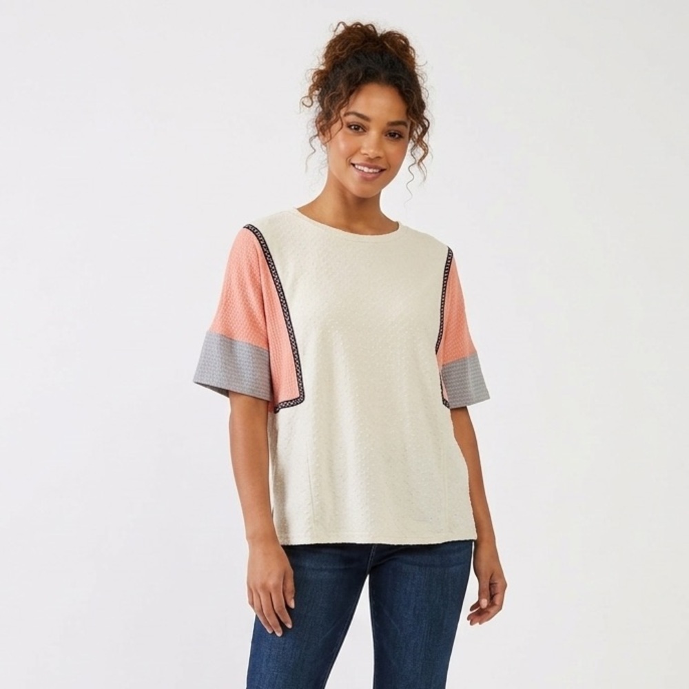 Hailey & Co. Swiss Dot Colorblock Top | Boho Geometric Mixed Media Textured Top